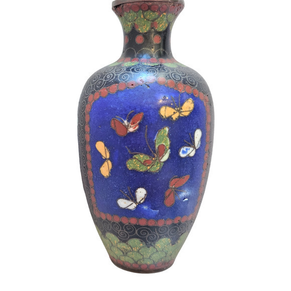 Vintage Blue Green Yellow Metal Enamel‎ Butterfly Floral Swirl Cloisonné Vase - Picture 1 of 8